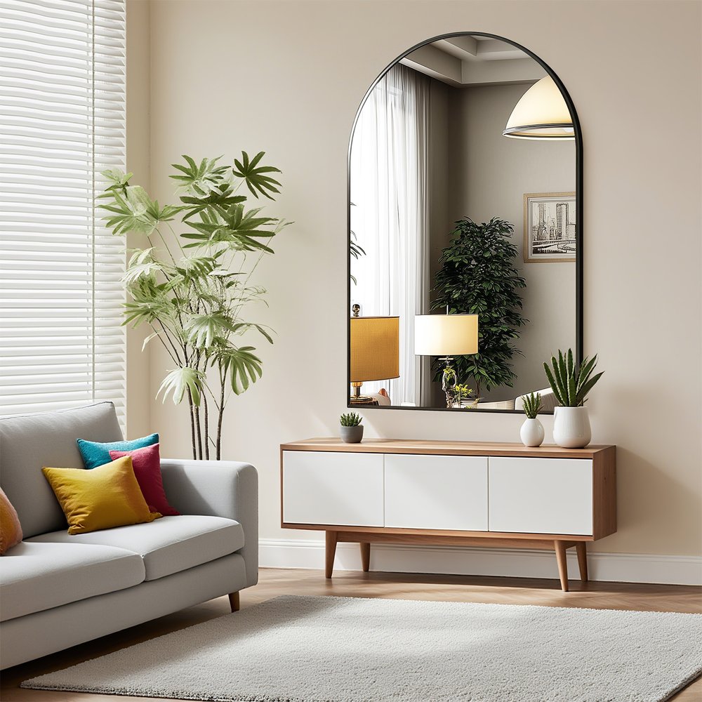 38" Black Aluminum Arch Framed Anti Fog Accent Mirror