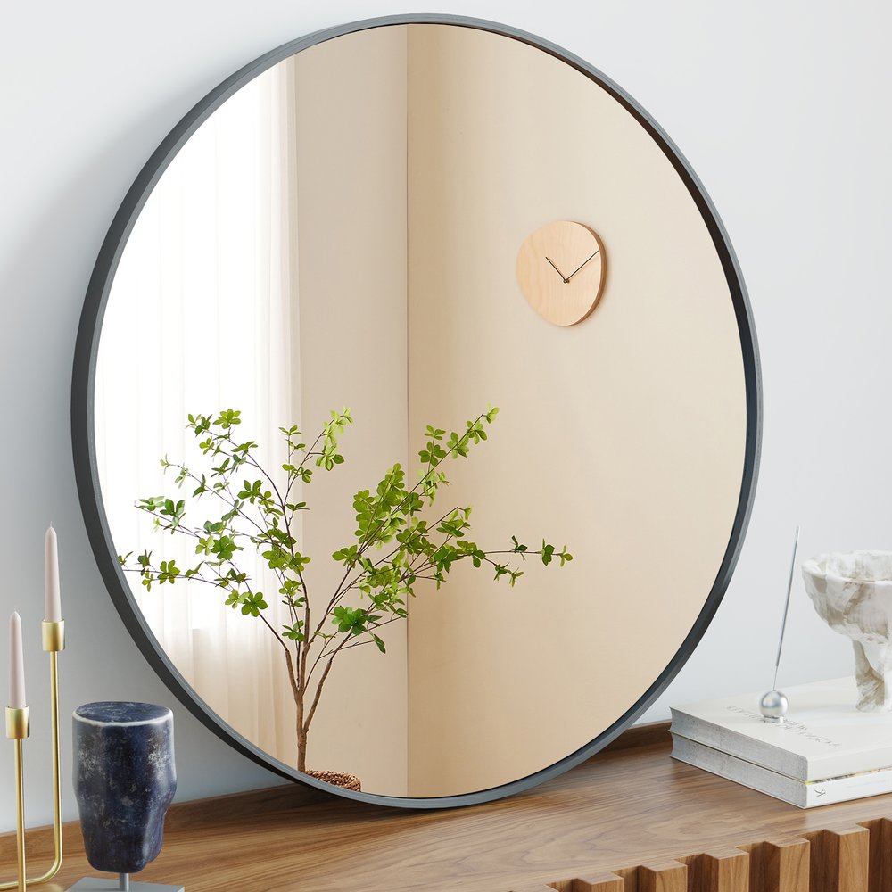 30" Black Aluminum Round Framed Accent Mirror