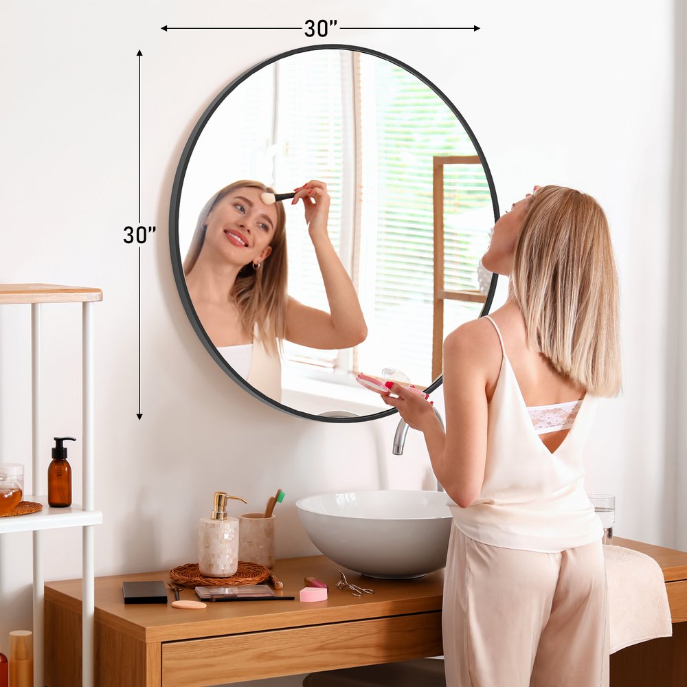30" Black Aluminum Round Framed Accent Mirror