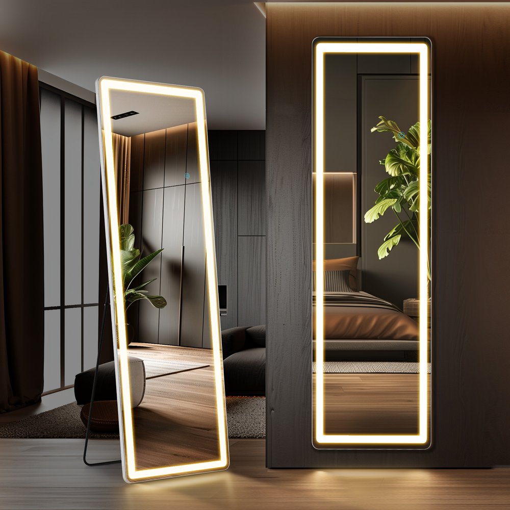 60" Silver Lighted Freestanding And Wall Mounted Framed Full Length Mirror