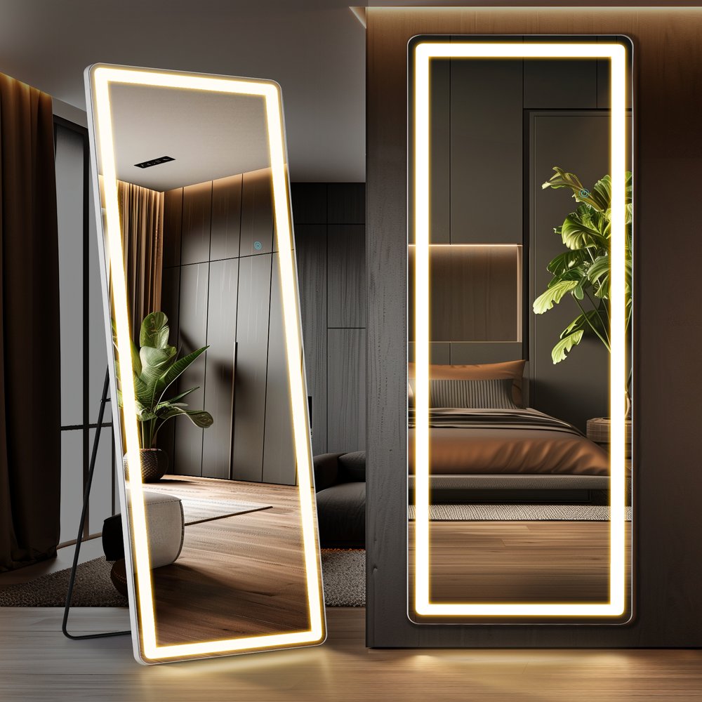 70" Silver Lighted Freestanding And Wall Mounted Framed Full Length Mirror