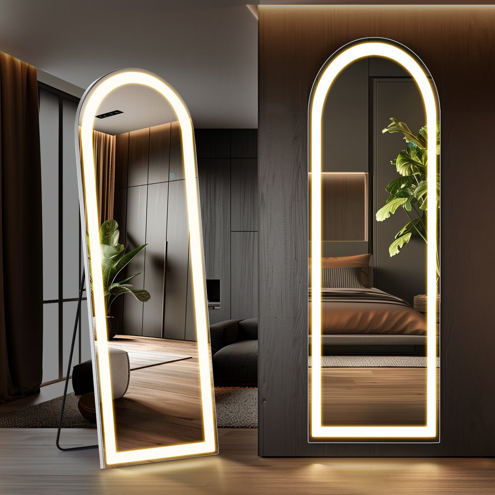 63" Silver Arch Lighted Freestanding And Wall Mounted Framed Full Length Mirror