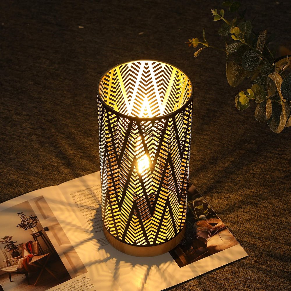 11" Black Metal Pierced Desk Lamp With Cylinder Shade