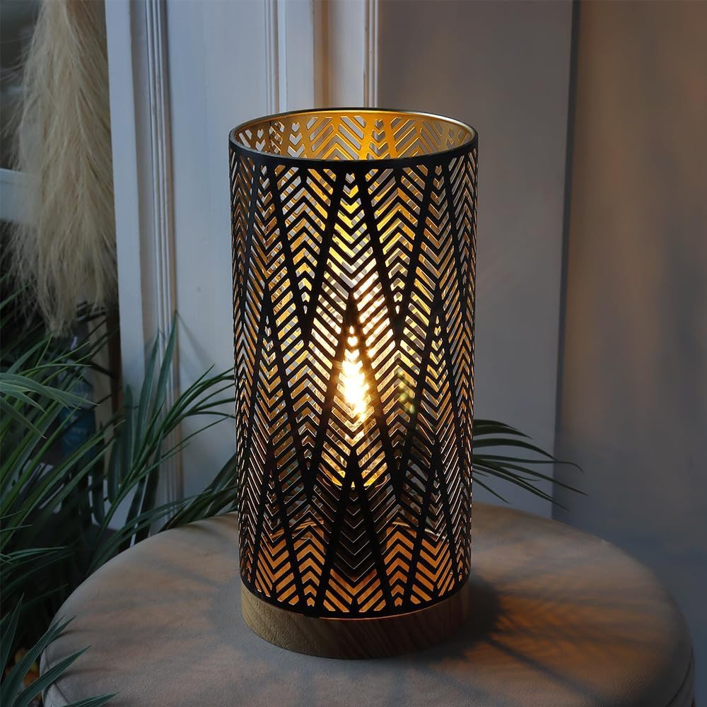11" Black Metal Pierced Desk Lamp With Cylinder Shade