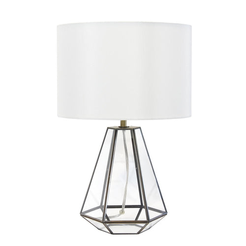 18" Clear And Brass Glass And Metal Geometric Table Lamp With Drum Shade
