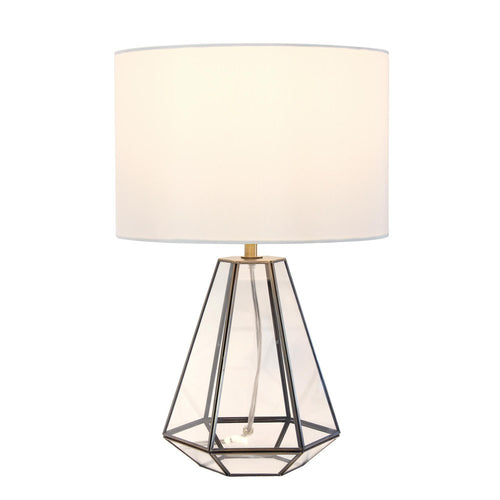 18" Clear And Brass Glass And Metal Geometric Table Lamp With Drum Shade