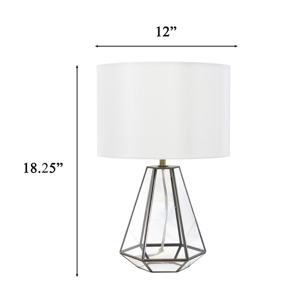 18" Clear And Brass Glass And Metal Geometric Table Lamp With Drum Shade