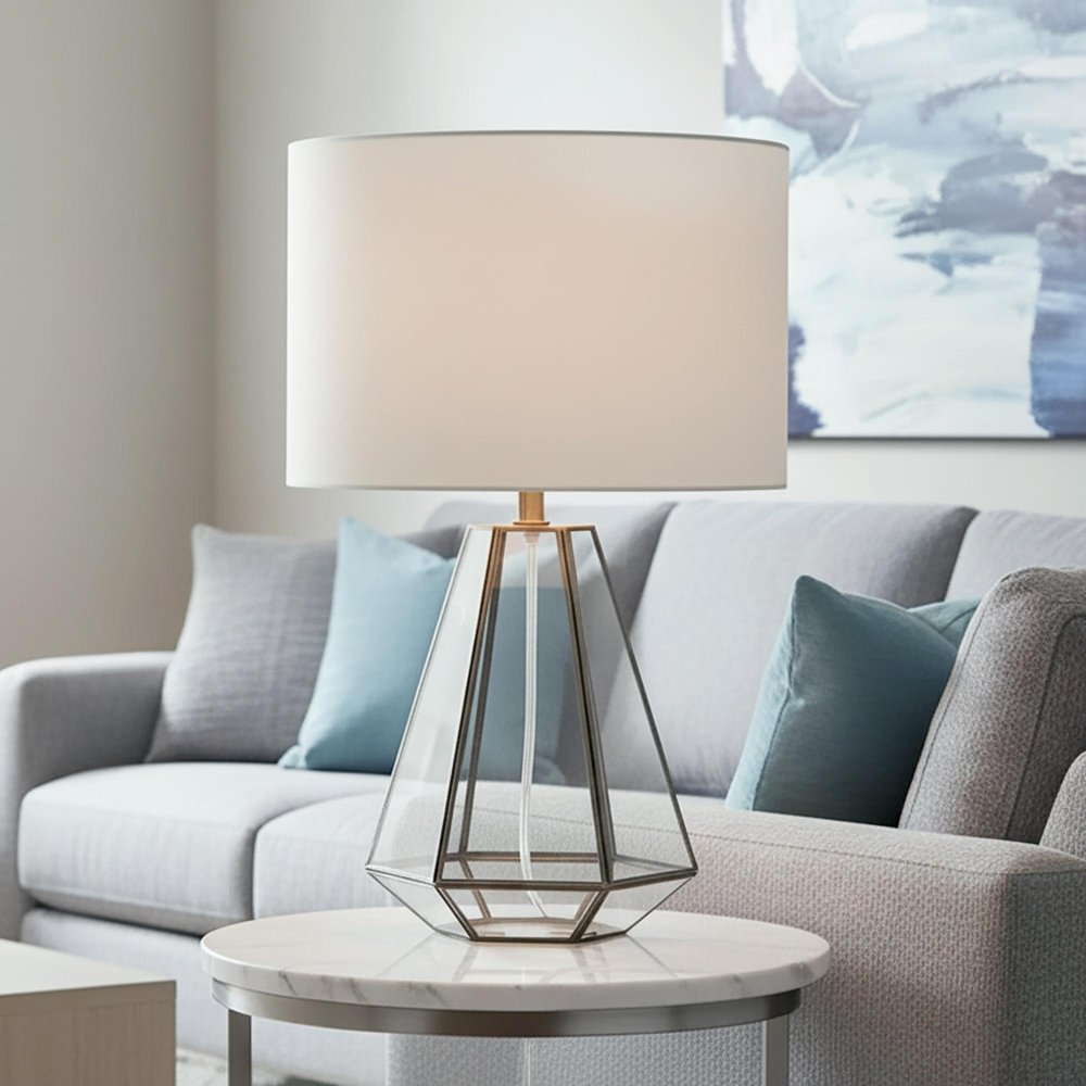 18" Clear And Brass Glass And Metal Geometric Table Lamp With Drum Shade