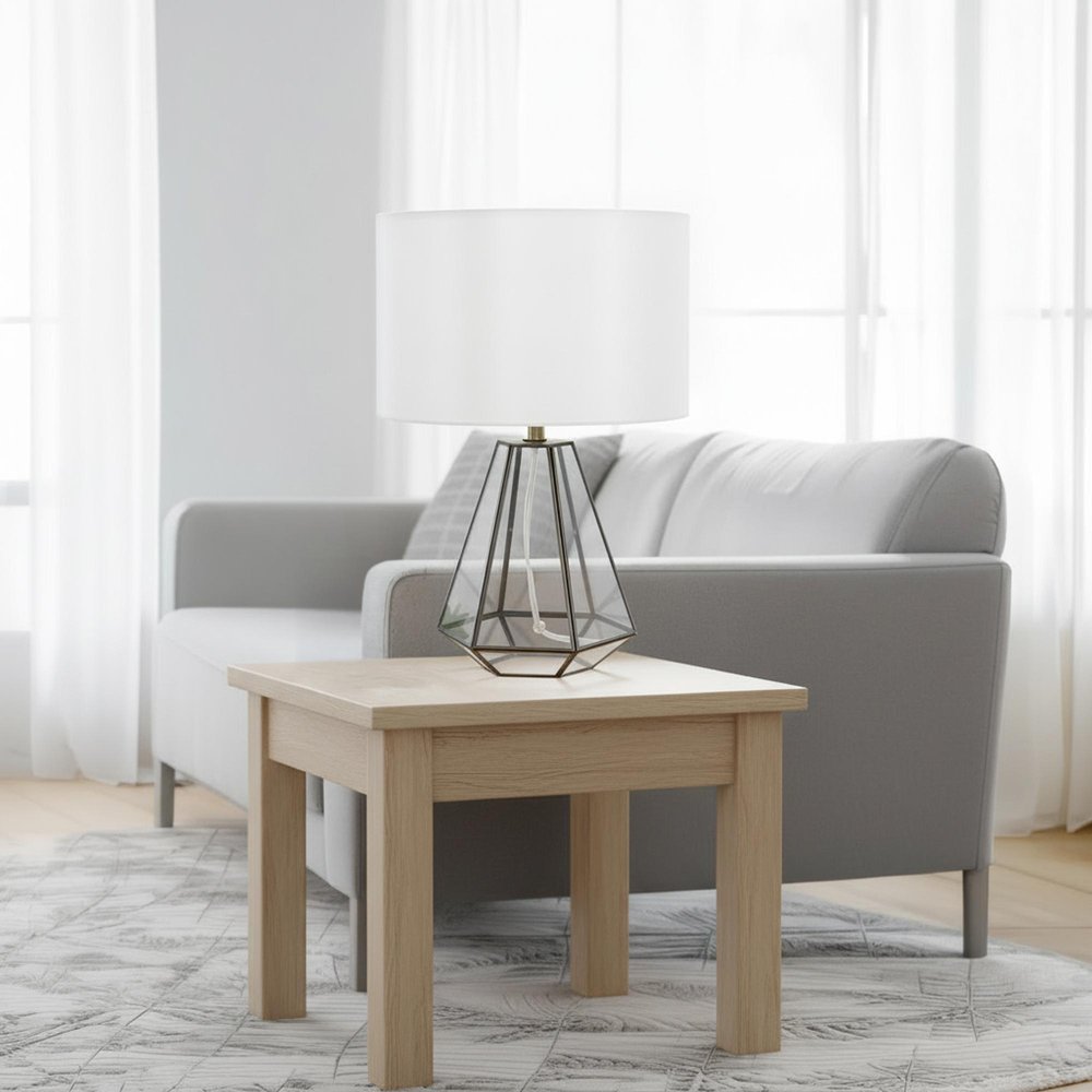 18" Clear And Brass Glass And Metal Geometric Table Lamp With Drum Shade