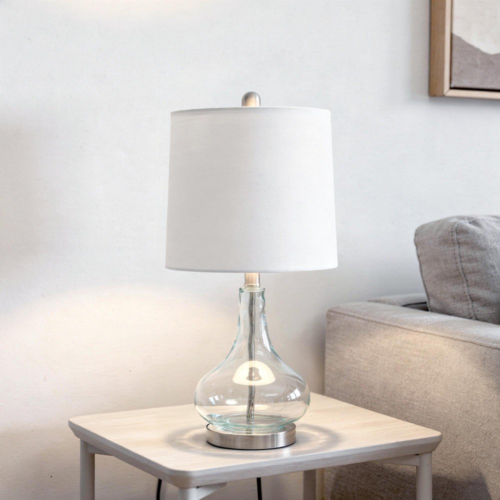 23" Teal Blue Translucent Glass Gourd Table Lamp With Drum Shade