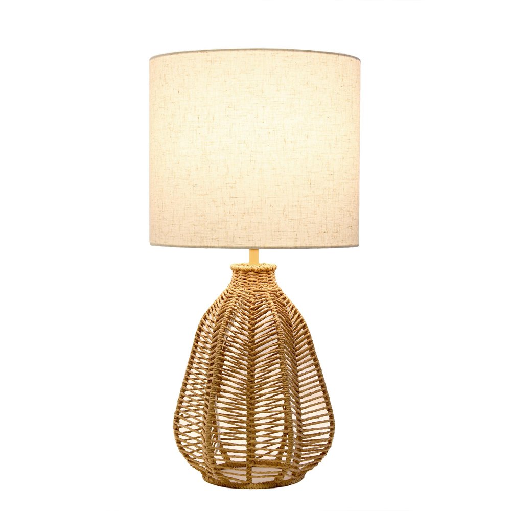 21" Natural Rope Rattan Table Lamp With Drum Shade
