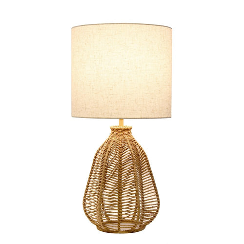 21" Natural Rope Rattan Table Lamp With Drum Shade