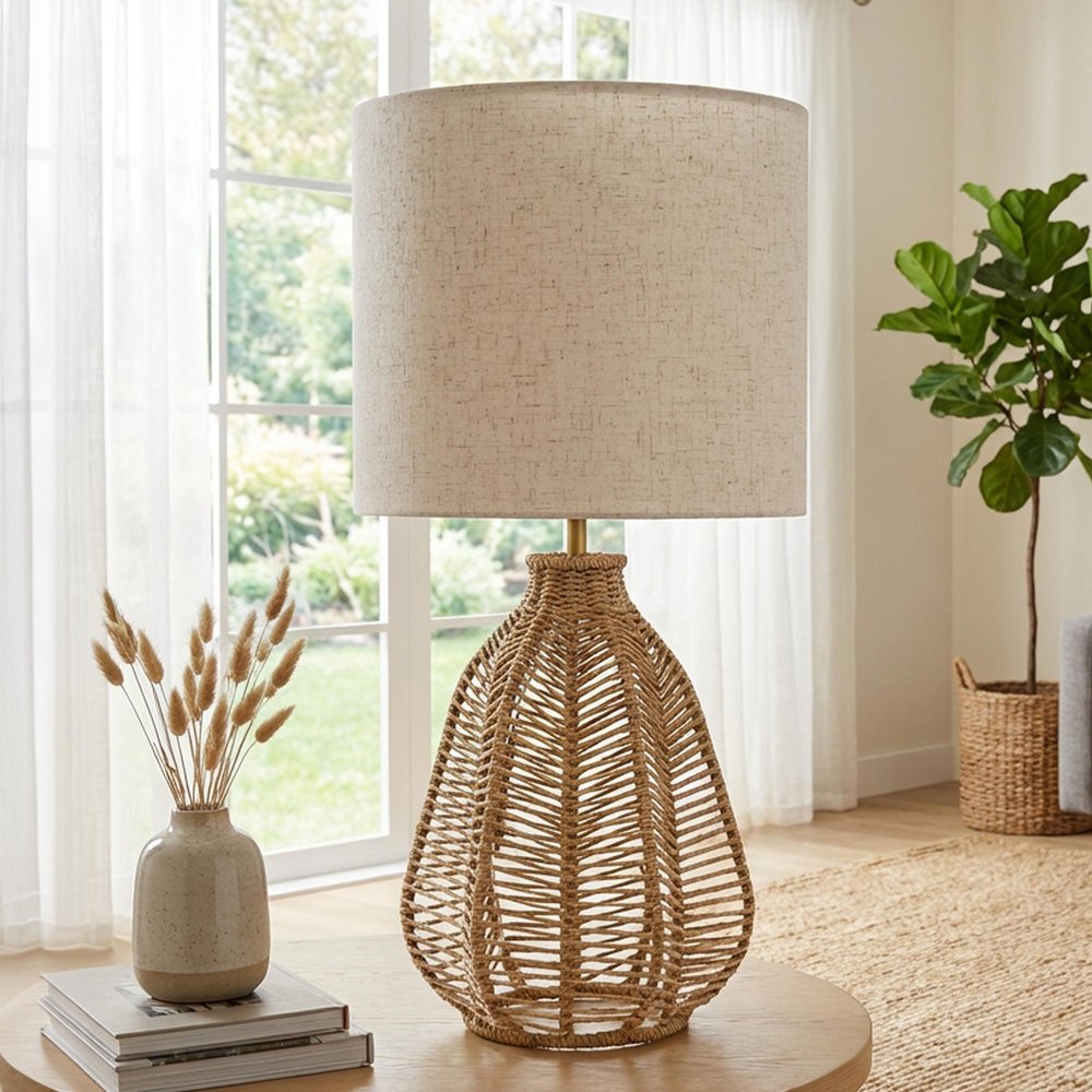 21" Natural Rope Rattan Table Lamp With Drum Shade