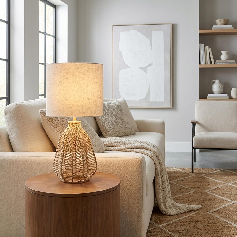 21" Natural Rope Rattan Table Lamp With Drum Shade